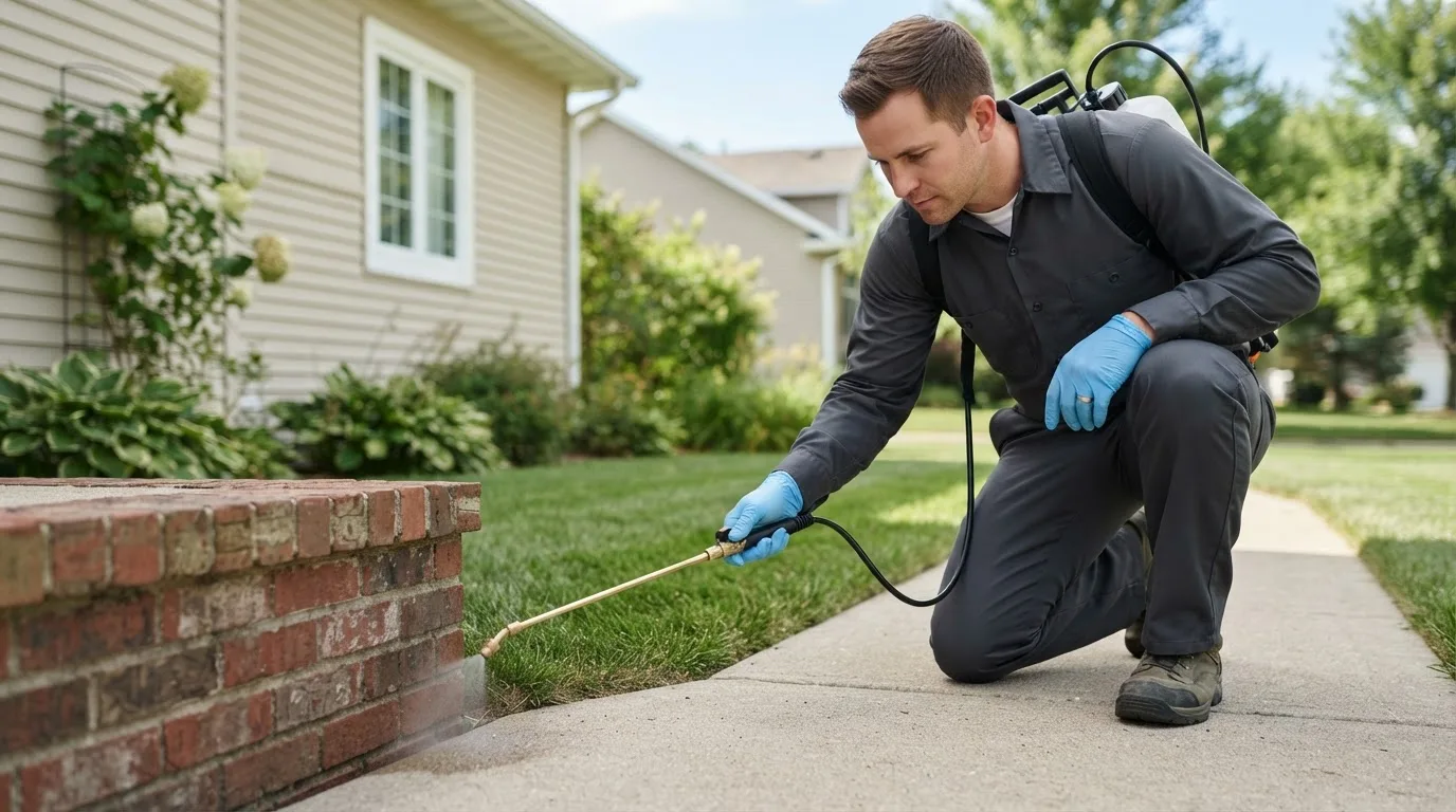 Pest control technician treating a home near Beachwood, OH