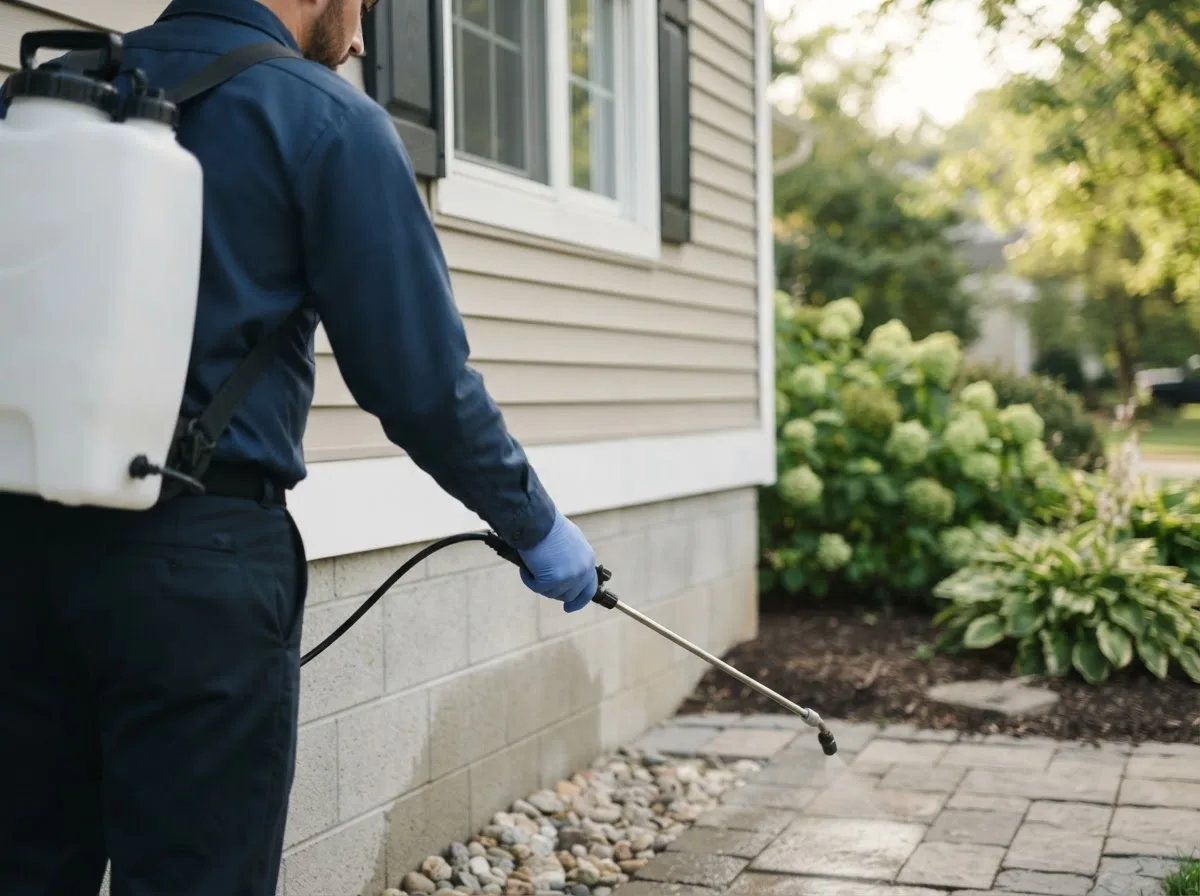 Pest control technician inspecting a home in Beachwood, OH